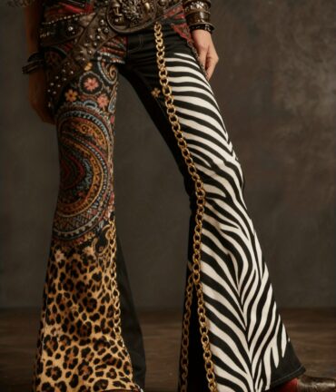 women's bohemian high waisted flared bell bottom pants imitation denim with multicolor western print (leopard/tiger stripe/plaid) | single button closure, all season casual to semi formal wear | no belt needed, durable & comfortable wide leg trous