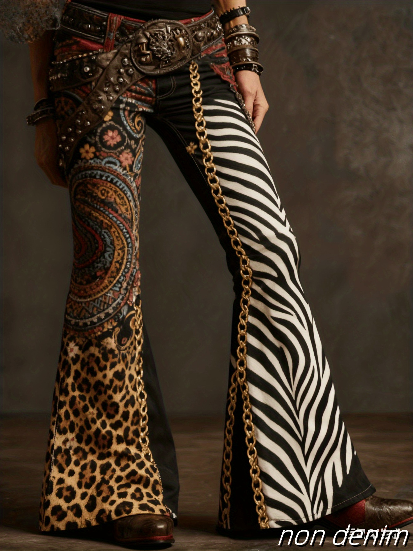 women's bohemian high waisted flared bell bottom pants imitation denim with multicolor western print (leopard/tiger stripe/plaid) | single button closure, all season casual to semi formal wear | no belt needed, durable & comfortable wide leg trous