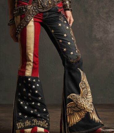 women's bohemian denim style flag & western print straight leg trousers all season stretch pants with belt loops & buckle, machine washable, inspired outfit (casual/dress) usa themed design