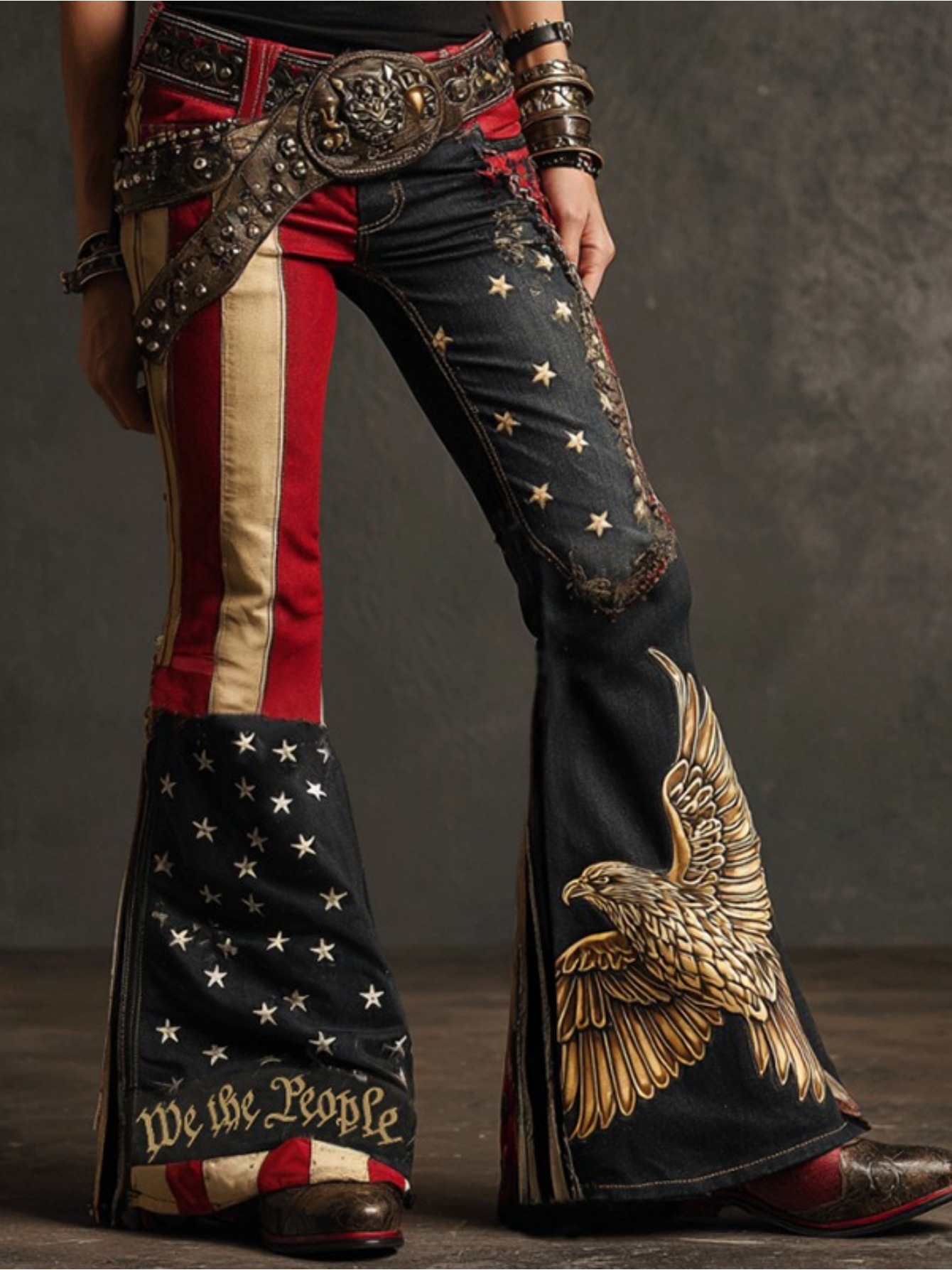 women's bohemian denim style flag & western print straight leg trousers all season stretch pants with belt loops & buckle, machine washable, inspired outfit (casual/dress) usa themed design