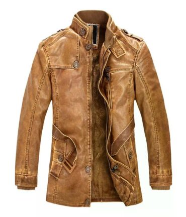 Motorcycle Jacket Men's Zipper Slim Fit PU Leather Jacket Winter Thickened Long Jacket Genuine Leather Jacket Plush Adjustable Waist