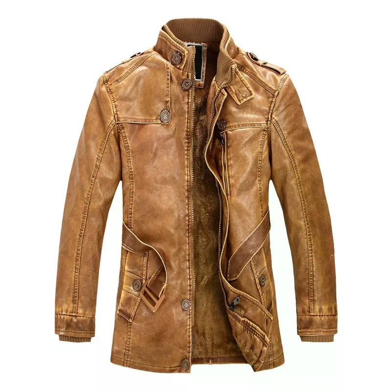 Motorcycle Jacket Men's Zipper Slim Fit PU Leather Jacket Winter Thickened Long Jacket Genuine Leather Jacket Plush Adjustable Waist