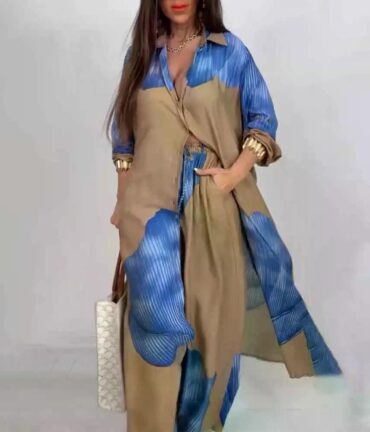 Casual Loose Printed Shirt Wide-leg Pants Two-piece Sets Women Elegant Button Long Shirt Suit Spring High-waist Pants Outfits