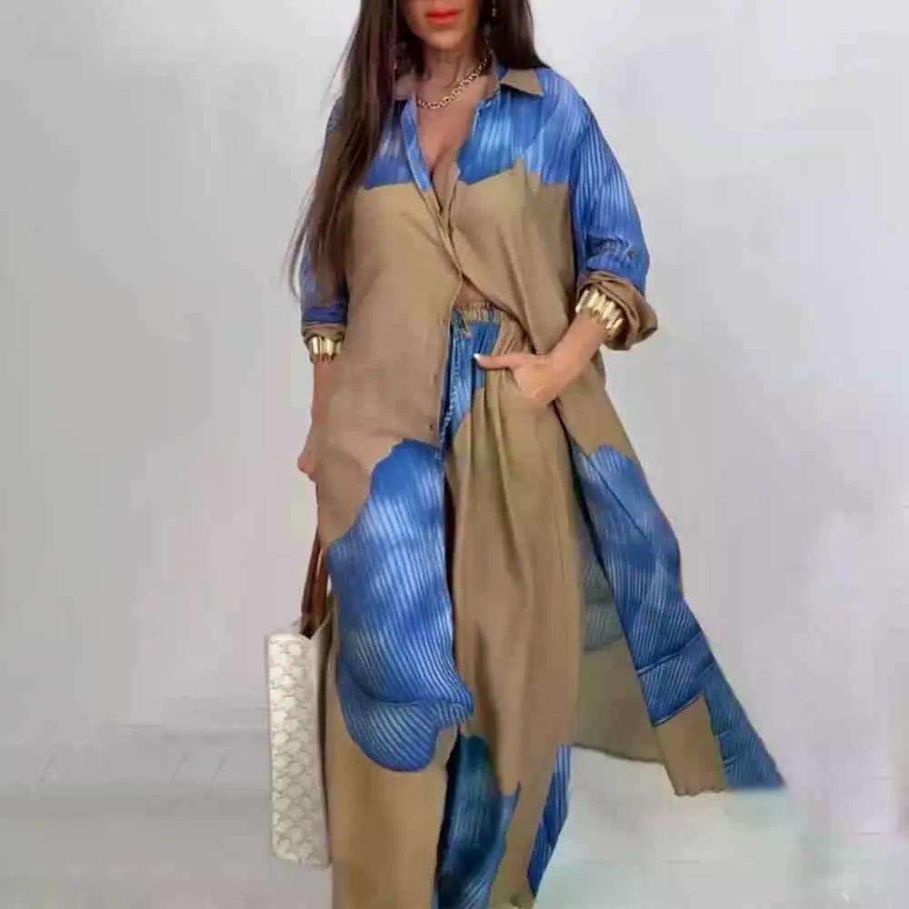 Casual Loose Printed Shirt Wide-leg Pants Two-piece Sets Women Elegant Button Long Shirt Suit Spring High-waist Pants Outfits