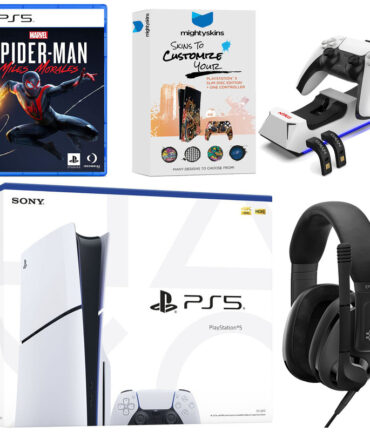 sony playstation 5 slim disc bundle with spider man: miles morales, epos headset, charging dock and mightyskins code