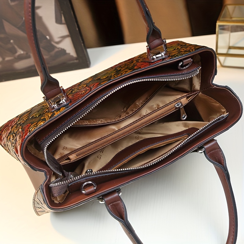 Vintage Flower Decor Handbag, Trendy Multi-pocket handbag, Perfect handbag For Everyday Use