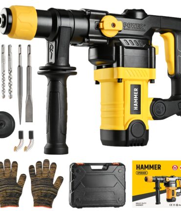 heavy duty rotating hammer drill sds plus, suitable for concrete and brick walls, dual mode multi force adjustment, essential for home decoration and construction projects, equipped with a carrying case and various drill bits, great christmas gift