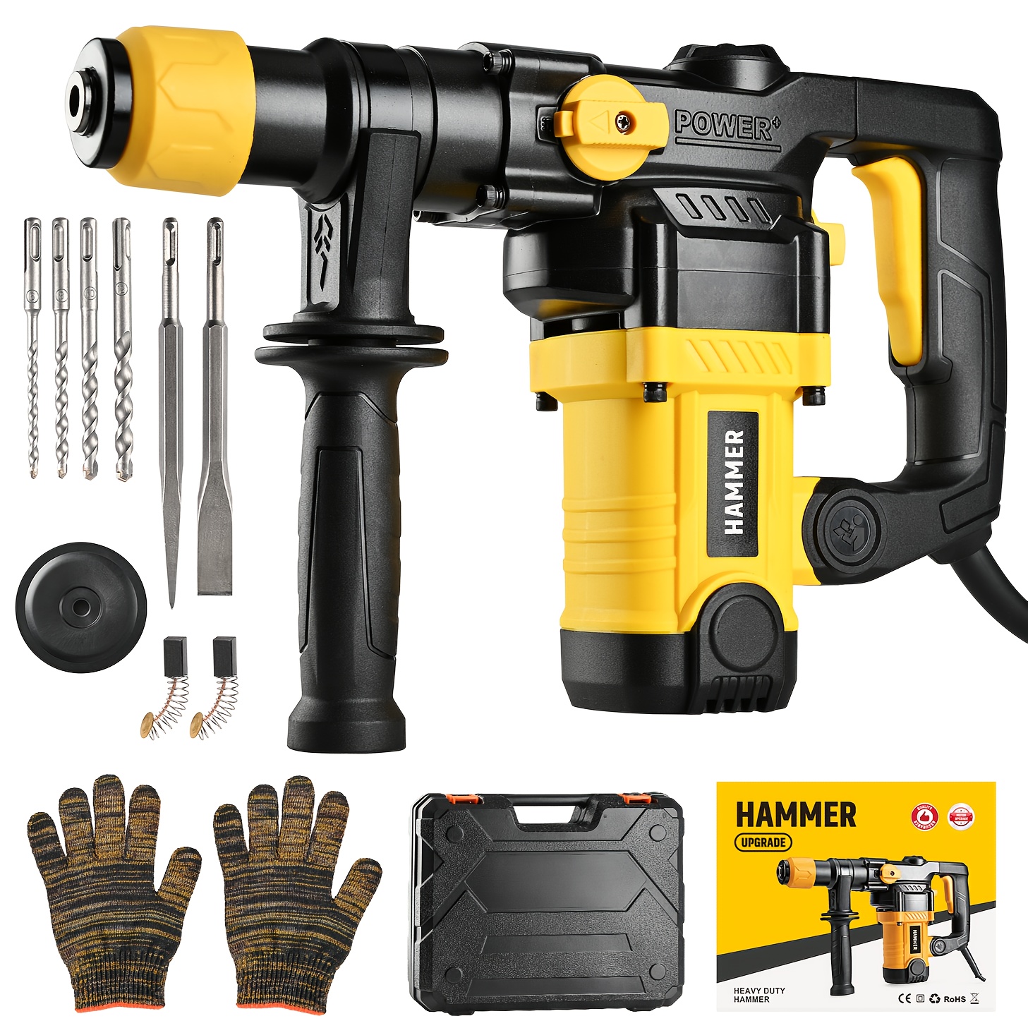 heavy duty rotating hammer drill sds plus, suitable for concrete and brick walls, dual mode multi force adjustment, essential for home decoration and construction projects, equipped with a carrying case and various drill bits, great christmas gift