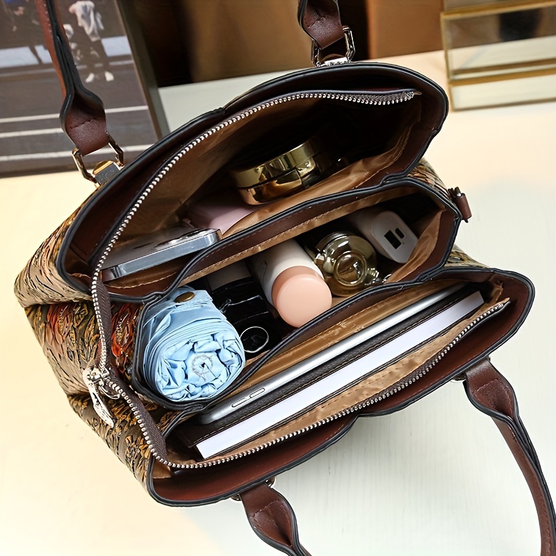 , Floral Handbag, Vintage Commuter Large Capacity PU Purse with Carved Flower Pattern, for Mom