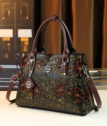 floral handbag, vintage commuter large capacity pu purse with carved flower pattern, for mom