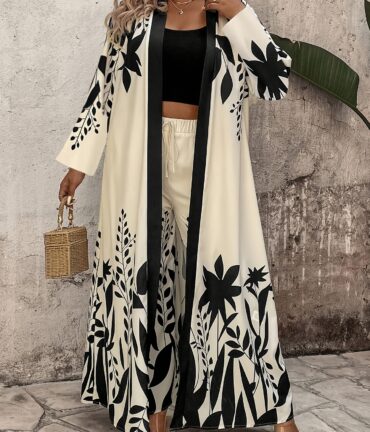 2pcs tropical leaf print plus size maxi coat & wide leg pants set oversized elegant maxi dress with belted jacket machine washable winter winter outfits in black/beige/white/gray for beach outings, casual to formal events stylish & comfortable plus size clothing with long sleeve top and matching pants, relaxed fit, chic plant pattern, and secure belt detail