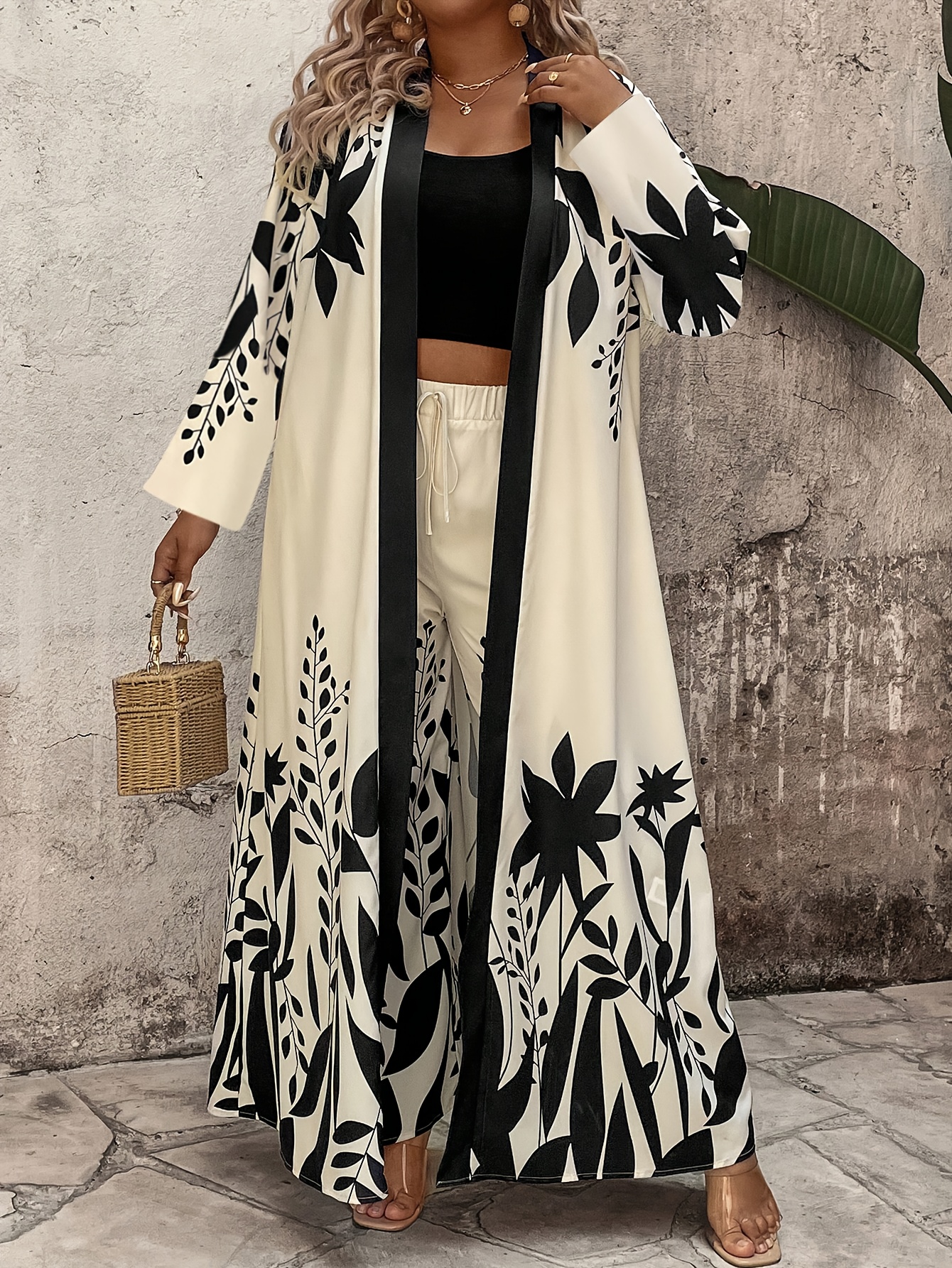 2pcs tropical leaf print plus size maxi coat & wide leg pants set oversized elegant maxi dress with belted jacket machine washable winter winter outfits in black/beige/white/gray for beach outings, casual to formal events stylish & comfortable plus size clothing with long sleeve top and matching pants, relaxed fit, chic plant pattern, and secure belt detail 2pcs tropical leaf print plus size maxi coat & wide leg pants set oversized elegant maxi dress with belted jacket machine washable winter winter outfits in black/beige/white/gray for beach outings, casual to formal events stylish & comfortable plus size clothing with long sleeve top and matching pants, relaxed fit, chic plant pattern, and secure belt detail