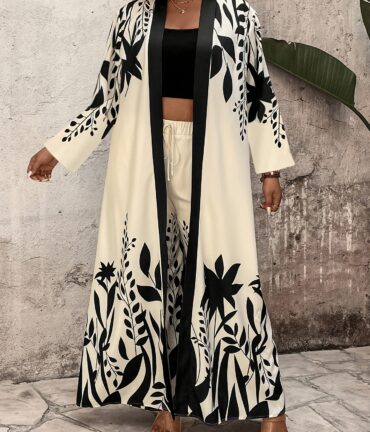 2pcs Tropical Leaf Print Plus Size Pants Set