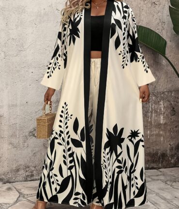 2pcs Tropical Leaf Print Plus Size Pants Set