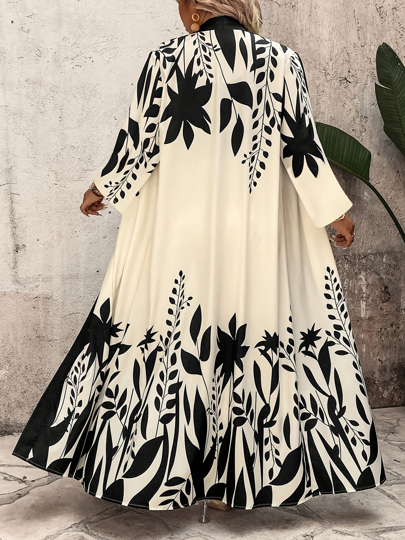2pcs tropical leaf print plus size maxi coat & wide leg pants set oversized elegant maxi dress with belted jacket machine washable winter winter outfits in black/beige/white/gray for beach outings, casual to formal events stylish & comfortable plus size clothing with long sleeve top and matching pants, relaxed fit, chic plant pattern, and secure belt detail 2pcs tropical leaf print plus size maxi coat & wide leg pants set oversized elegant maxi dress with belted jacket machine washable winter winter outfits in black/beige/white/gray for beach outings, casual to formal events stylish & comfortable plus size clothing with long sleeve top and matching pants, relaxed fit, chic plant pattern, and secure belt detail