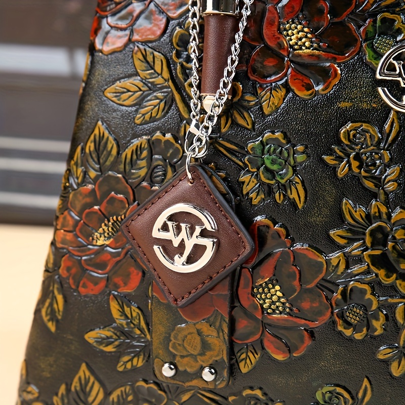 , Floral Handbag, Vintage Commuter Large Capacity PU Purse with Carved Flower Pattern, for Mom