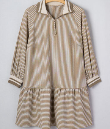 Khaki Stripe Zip up Mini Dress