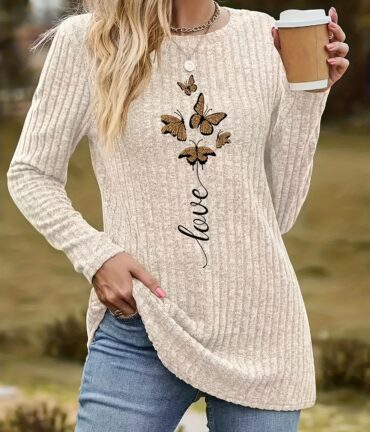 new autumn winter round neck brushed ribbed butterfly print long sleeve tunic top
